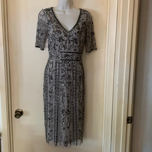 Adrienne Papell gunmetal grey beads and sequins gown size 2 - Picture 1 of 12